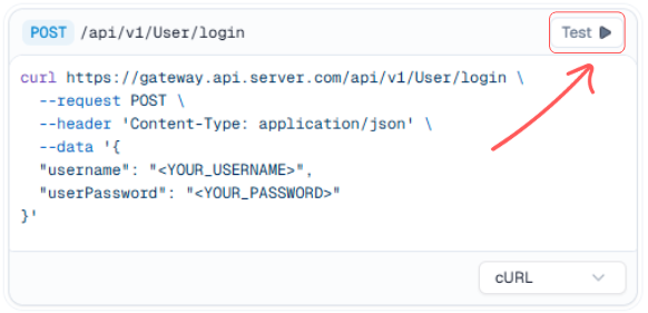 Test button in the code snippet panel