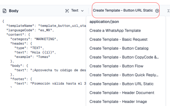 WhatsApp template request type selector